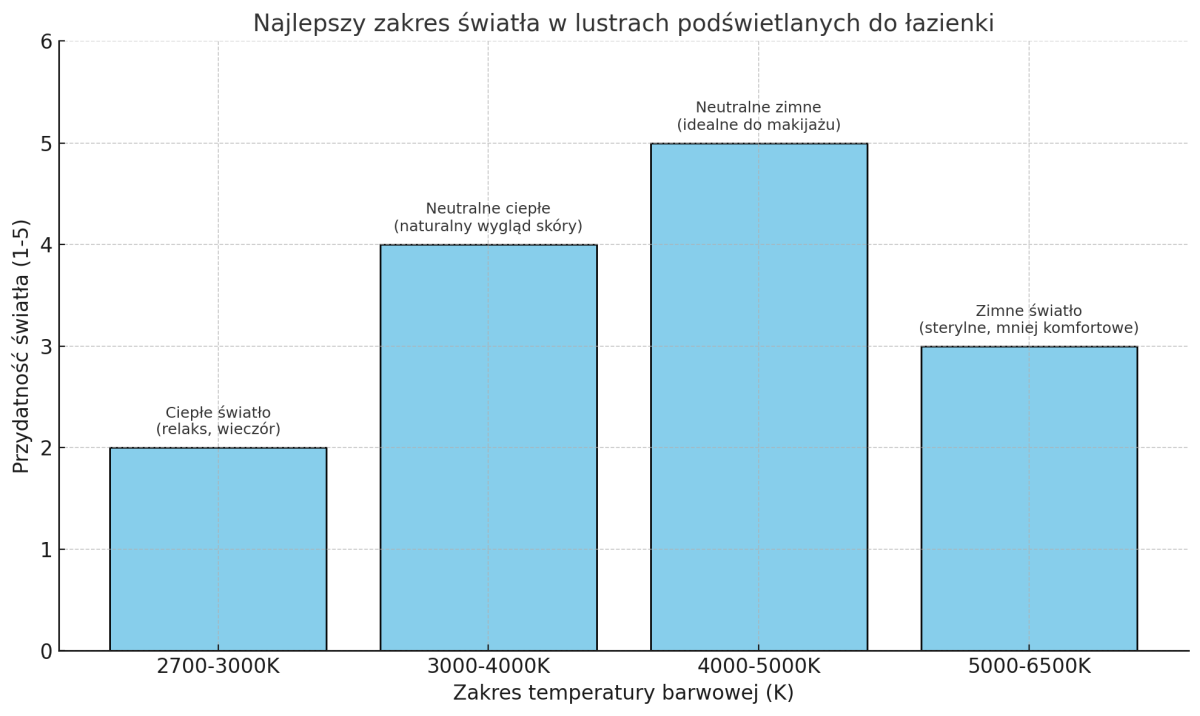 Wykres przedstawiający najkorzystniejszy zakres światła w lustra łazienkowych podświetlanych LED